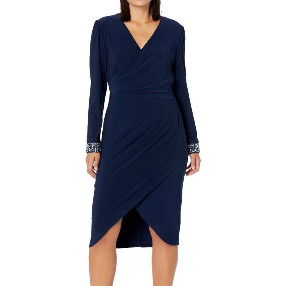 NWT Adrianna Papell Women's Beaded Draped‎ Jersey Blue Assymetrical Dress size 8